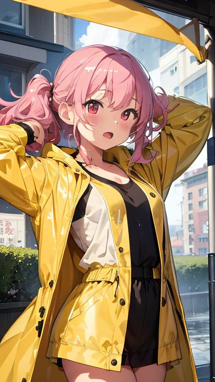 masterpiece、highest quality、Very detailed、Photograph the upper body、1 female、(Put your arms behind your back:1.4)、Are standing、Turn your body forward、View your viewers、(yellow rain coat)、break,blush、shy、Pink Hair、Open your mouth、In town、rain、Big Breasts、