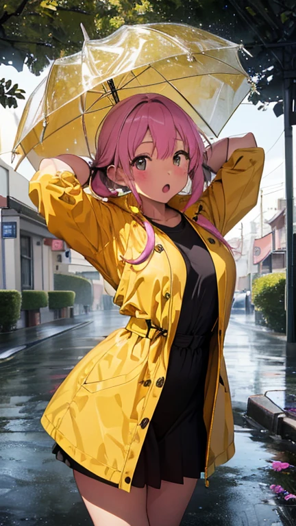 masterpiece、highest quality、Very detailed、Photograph the upper body、1 female、(Put your arms behind your back:1.4)、Are standing、Turn your body forward、View your viewers、(yellow rain coat)、break,blush、shy、Pink Hair、Open your mouth、In town、rain、Big Breasts、