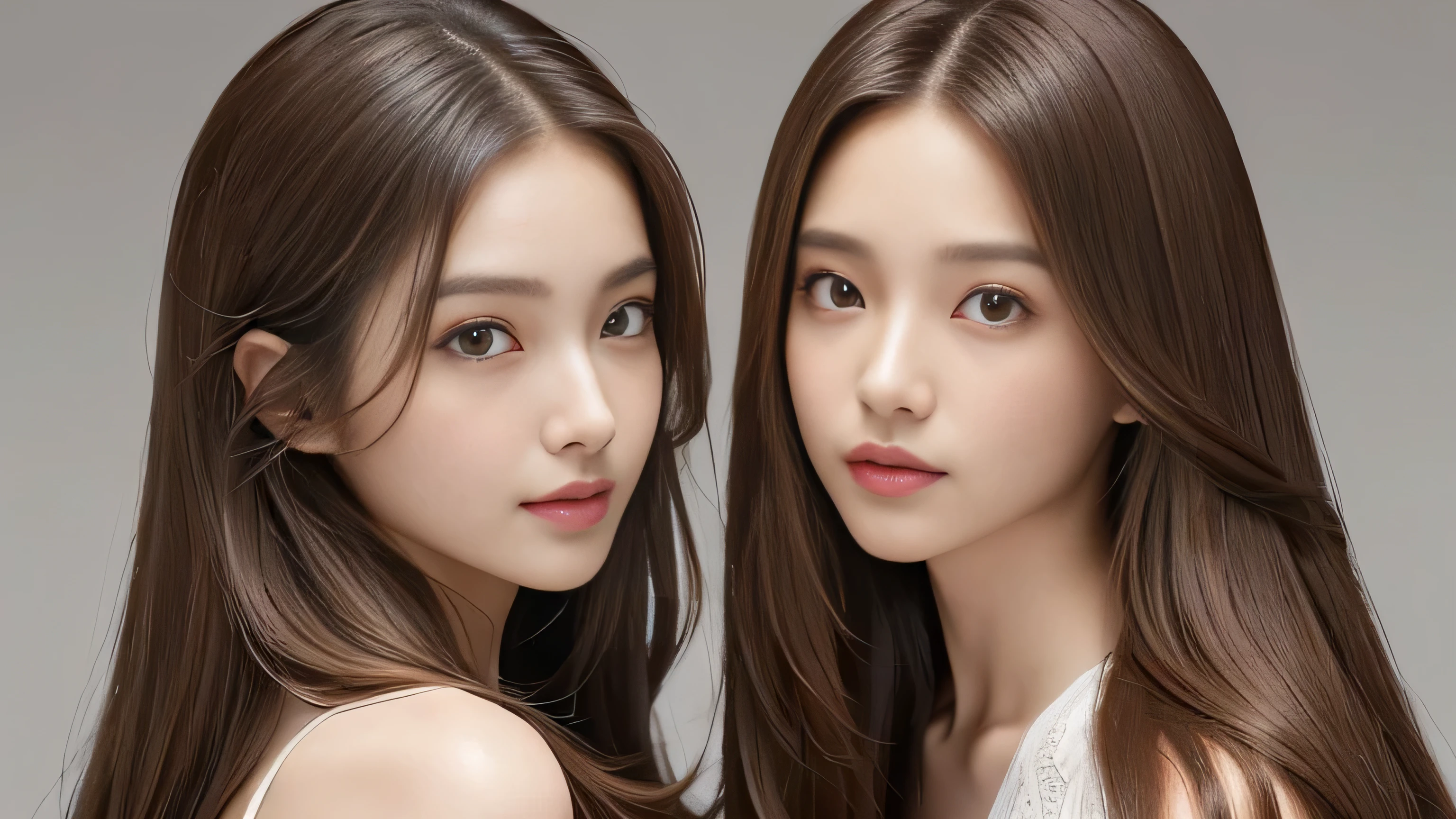 (((Identical twins standing happily facing each other　Standing photo from the front)))　(two women with length brown hair posing for a picture, thin and shiny hair, Ulzzang, long and straight hair of brown color,, Brown long hair, beautifulgemini portrait, Brown long hair, beautifulgemini, length Hair, Smooth Hair, Flowing brown hair, With the same hairstyle, length, Flat Hair, length brown hair, Attractive long hair, Beautiful brown hair　Two women with long brown hair posing for a photograph, Digital Art inspired by Wang Duo, tumbler, Digital Art, thin and shiny hair, Ulzzang, long and straight hair of brown color,, Brown long hair, beautifulgemini portrait, Brown long hair, beautifulgemini, length Hair, Smooth Hair, Flowing brown hair, With the same hairstyle, length, Flat Hair)　((both sides Random poses showing as much back and hair as possible:1.8))　((Both sides Beautiful 24 year old hair model with long black hair, girl with super Very long hair that reaches down to the ankles, extremely Very long hair that reaches down to the ankles, Very long hair that reaches down to the ankles,Very long hair that reaches down to the ankles , Flowing Hair, very Very long hair that reaches down to the ankles, Very long hair that reaches down to the anklesgirl,Very long hair that reaches down to the ankles , flowing light brown hair, length Hair windy, Very long light brown hair, flowing light brown hair,Incredibly straight long-lasting hair, Abnormally long髪!!!!　Her highest quality!!!! hair is long and straight., very long light brown hair that reaches down to the ankles, highest quality light brown hair , , Highest quality long straightなVery long hair that reaches down to the ankles　straight, beautiful, High quality hair, Very long hair that reaches down to the ankles and highest quality straight light brown hair, straight, highest quality light brown hair, Perfect silky straight hair of the highest quality, straight, highest quality light brown hair , lengthLight brown hair straight hair, length, Thick and voluminous light brown hair　Her hair is long and straight, Very long light brown hair, Abnormally long、or very long light brown hair, very long, straight, Light brown hair that reaches down to her ankles, Abnormally very long straight, beautiful hair of the highest quality, length Hair, length, straight light brown hair ,Extraordinarily very long light brown hair that lasts forever and free straight light brown hair , straight light brown hair))　(Both sides bangs are perfect.:1.3)　(Japan&#39;s most sexy and beautiful 24-year-old beauty model)　(Both sides They look at the viewer with a very captivating expression...)　((highest quality)), ((masterpiece)), (Familiar)　(Get used to it)　Perfect Face　(both sidesHer skin is a typical Japanese skin color.　And very detailed)　(Both SidesBig Tits:1.3)　(both sides　She is wearing a beautiful shiny white camisole.)　(both sides　She has a beautiful face and a typical Japanese figure...., Narrow eyes)　(both sides　She has perfect beautiful and sexy makeup and face　Lipstick is light red　A solid eyeliner)　((Rich 1.4))　(Very detailed)