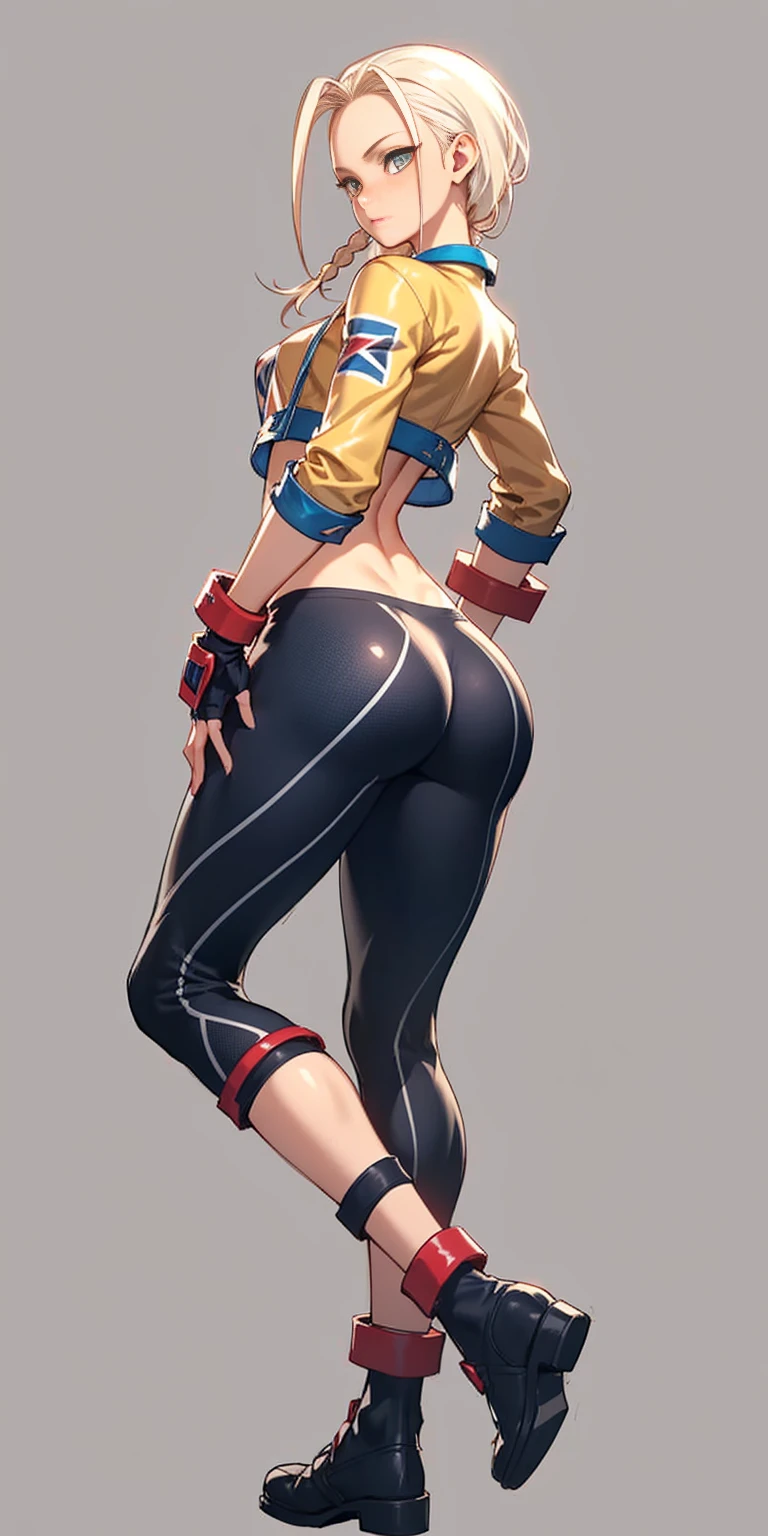 Drawing of cammy_white, cammy sf6, bang, scar on cheek (((Plain background:1.2))) (masterpiece, high quality:1.1) 1girl solo full body squatting looking to the viewer, view from below, hairstyle short bob hair with 2 longs braids, extra long hair, white silver hair, red eyes, HANDS ON HIPS (yellow tiger bikini print long sleeves and long stockings) (dark elf dark skin) (incredibly beautiful full body photo standing, (((bright eyes))) good anatomy, perfect hand muscular legs))) thin waist, muscular abdomen, wearing black high heel shoes (((with her back to me showing her big shapely ass to me)))