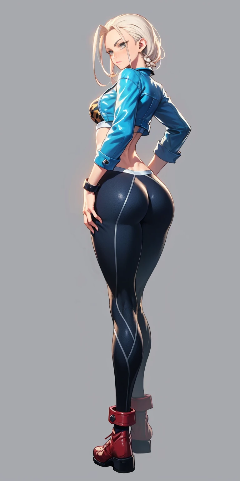 Drawing of cammy_white, cammy sf6, bang, scar on cheek (((Plain background:1.2))) (masterpiece, high quality:1.1) 1girl solo full body squatting looking to the viewer, view from below, hairstyle short bob hair with 2 longs braids, extra long hair, white silver hair, red eyes, HANDS ON HIPS (yellow tiger bikini print long sleeves and long stockings) (dark elf dark skin) (incredibly beautiful full body photo standing, (((bright eyes))) good anatomy, perfect hand muscular legs))) thin waist, muscular abdomen, wearing black high heel shoes (((with her back to me showing her big shapely ass to me)))