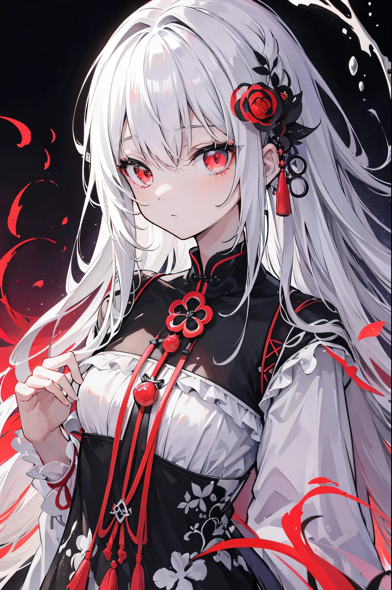 Realistically、masterpiece quality、highest quality、Official Art、Beauty and aesthetics:1.2、Highly detailed fractal art、Colorful Abstract Background、daughter、Kamimei、hair、(長い黒と白のhair、Away from the center,Black and White)Glowing red eye mystical magic、Black and White girl,Black and White color scheme,Cinematic light