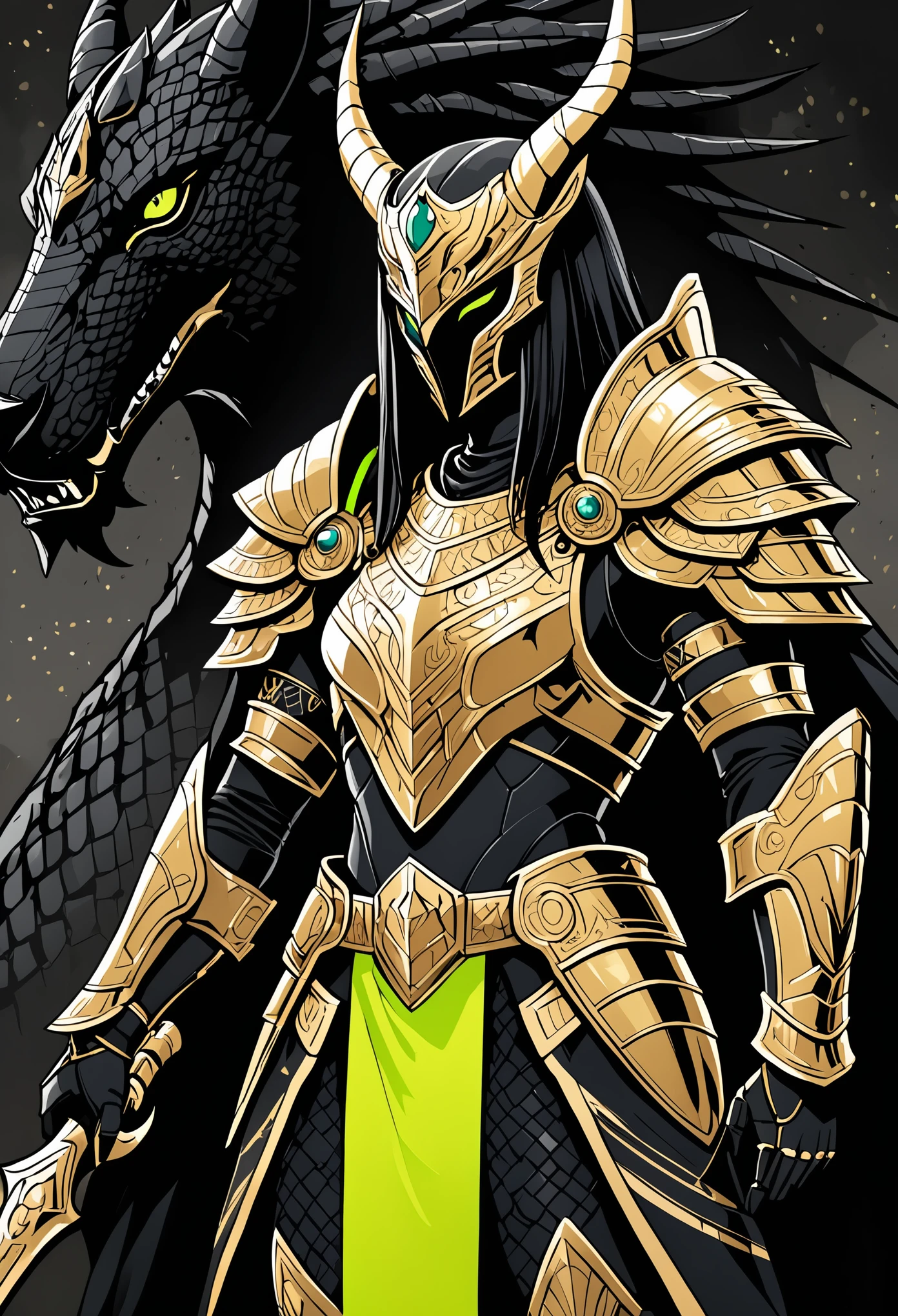There is a piece of digital art, This painting depicts a warrior girl with a golden head and horns., Detailed shoulder armor,cloak,waist armone texture,Film Still,unfinished, hatching (texture),black battlefield background,natural lighting,black skin,Dark atmosphere,Full body portrait of dragoon, Mysterious Anubis and Valkyrie, Super detailed fantasy characters, Robot dragon portrait, Fluorescent green large area splash coloring,Sleipnir's photo, ghost of anubis, 4K details fantasy, Polaroid Counting Trends, zbrush contest winner, Draw with zbrush, zbrush central contest winner, warrior, (The whole body is covered with blood:1.2)