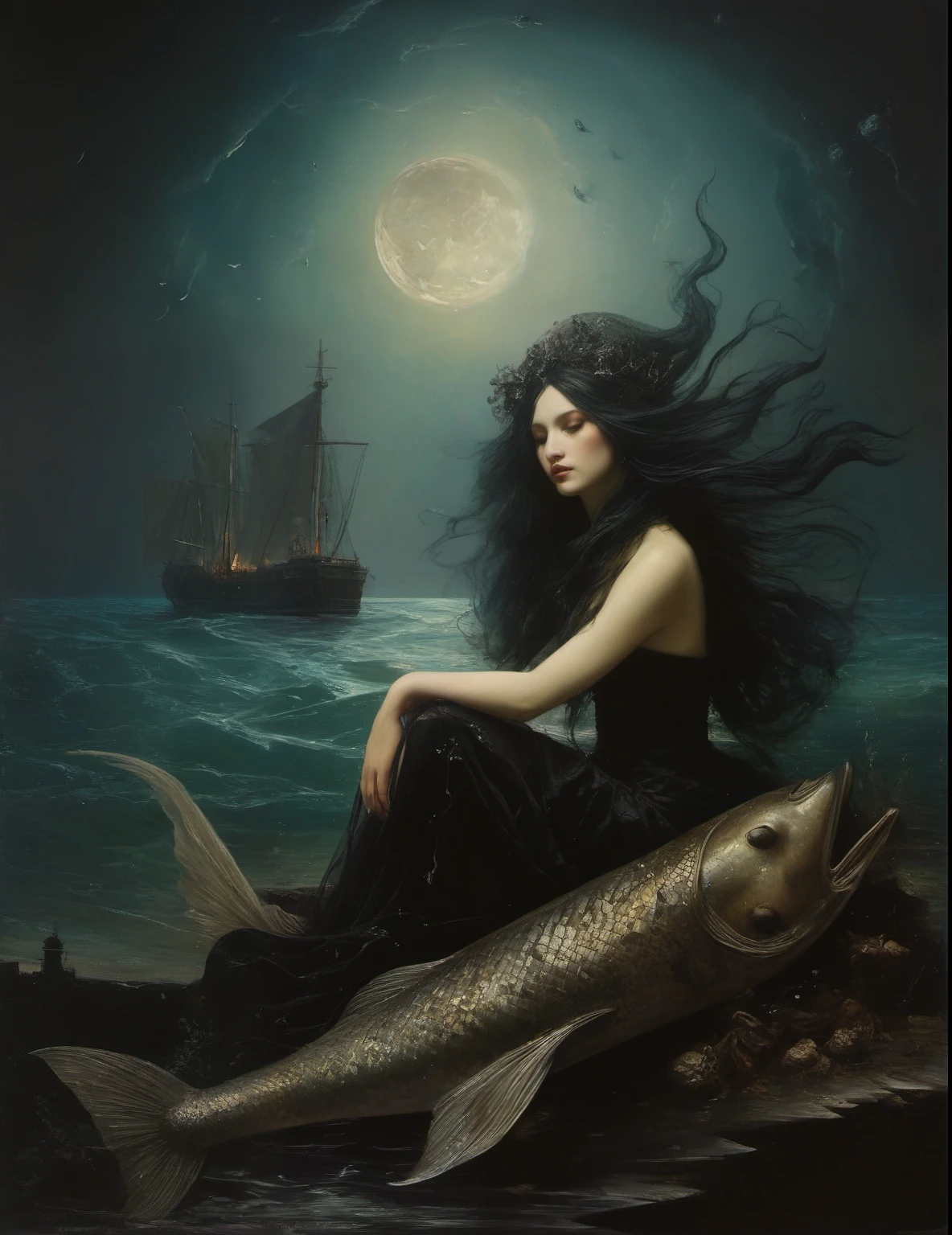 James Gurney, Surrealist art , dream-like, Mysterious, Provocative, symbolic, Complex, detailed,, (Gothic but very beautiful:1.4), (masterpiece, highest quality:1.4) , Nicola Samori Style, Beautiful Mermaid