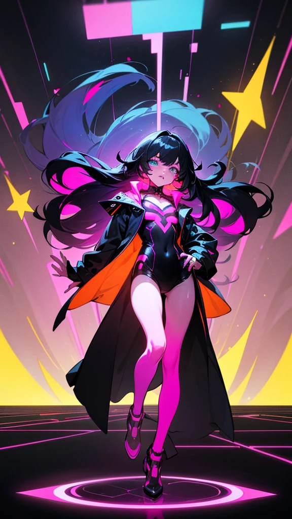 ((best quality)), ((masterpiece)), (detailed), perfect face. girl on a neon futuristic rhythm piano game floor. bright neon colors. She has long black hair that fades into a neon dark blue with small stars all over her hair. her eyes are bright pink and orange colors. She is coming at the screen. she is wearing a neon trench coat. her face is leaning into the screen. bright neon orange, pink, blue, and purple colors. art is mostly bright colors.
