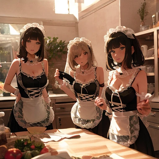 Group of maids, (In the kitchen), Mr.々Hair style, Harem, Wearing maid clothes, night, Detailed aspect, Short skirt, Seduce, Underarm 