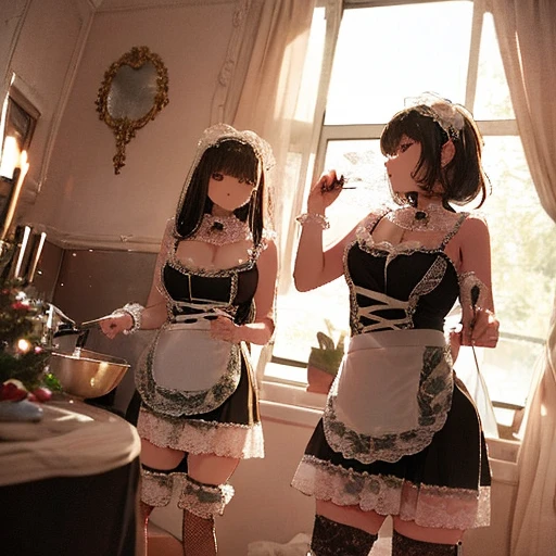 Group of maids, (In the kitchen), Mr.々Hair style, Harem, Wearing maid clothes, night, Detailed aspect, Short skirt, Seduce, Underarm 