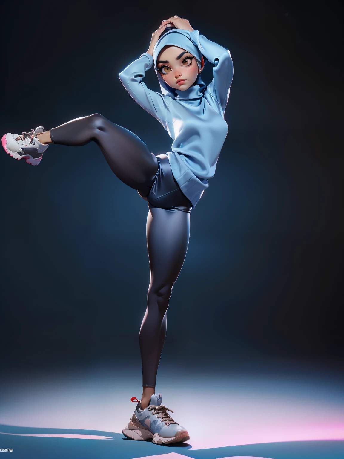 3DMM, ((Masterpiece, best quality, photography, detailed skin, realistic, photo-realistic, 8k, highly detailed, full body, High detail RAW color art, diffused soft lighting, shallow depth of field, sharp focus, hyperrealism, cinematic lighting, hijab, a woman in a beautifully makeup, eyeshadow, beautiful big eyes, ((Brown eyes)), long eye lashes, wearing (Pewter satin hijab), loosely tide hijab style, ((Blue satin turtleneck sweater)), long black lagging, sport shoes, exercise, standing splits legs, stretching, sakura garden