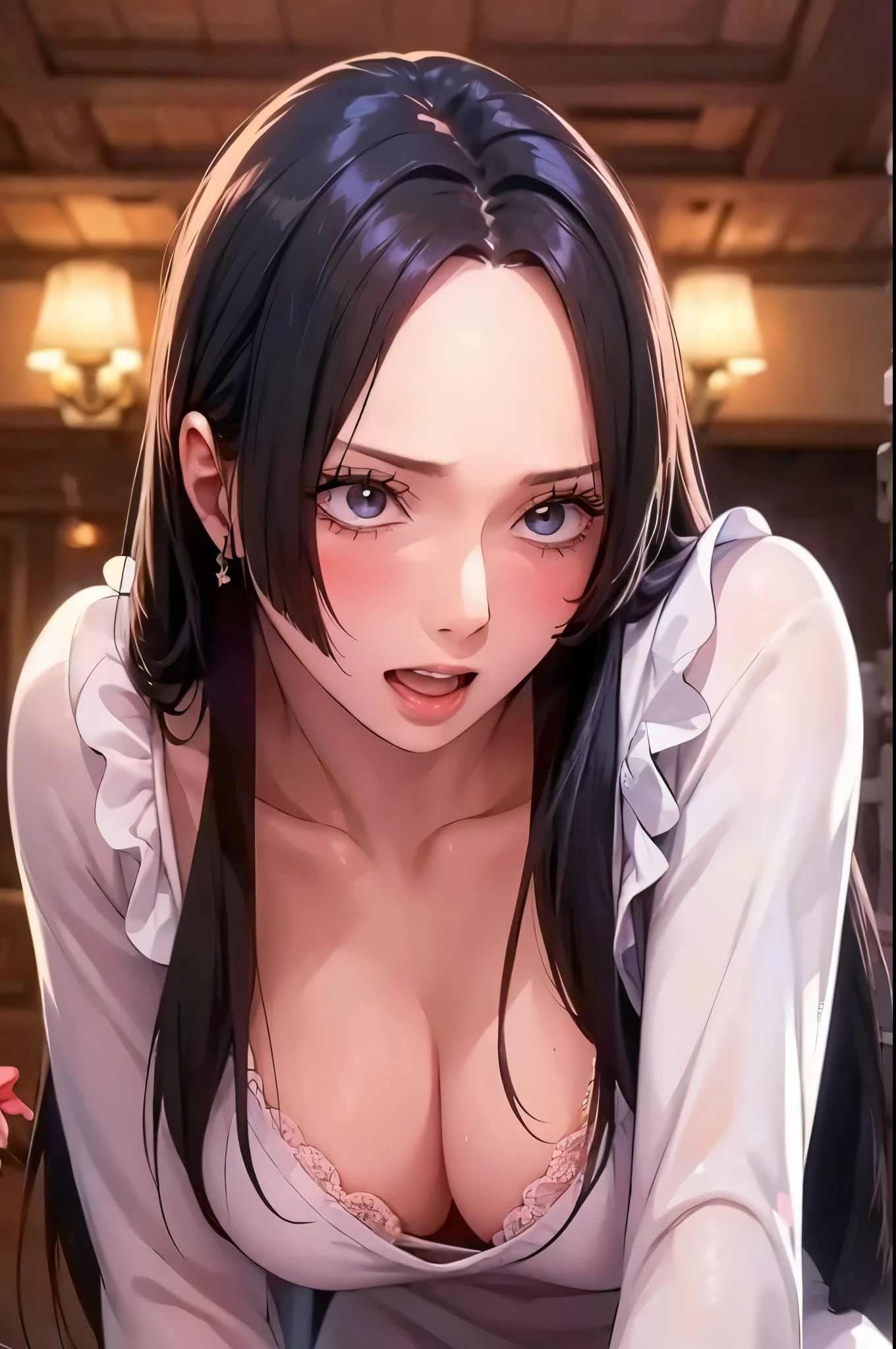 (((masterpiece))), (((best quality))), ((ultra-detailed)), (highly detailed CG illustration), Boa Hancock, , (masterpiece:1.5), Detailed Photo, Smiling, Sexy, (Best Quality: 1.4), (1girl), Beautiful Face, (Black Hair, long Hair: 1.3), Beautiful Hairstyle,  beautiful detail eyes, (realistic skin), beautiful skin, absurd, attractive, ultra high resolution, high definition, (sexually aroused:1.5), Pinkish white skin, cool white light, sexy pose, Beautiful , white background, pink soft white light, Wear a white dress