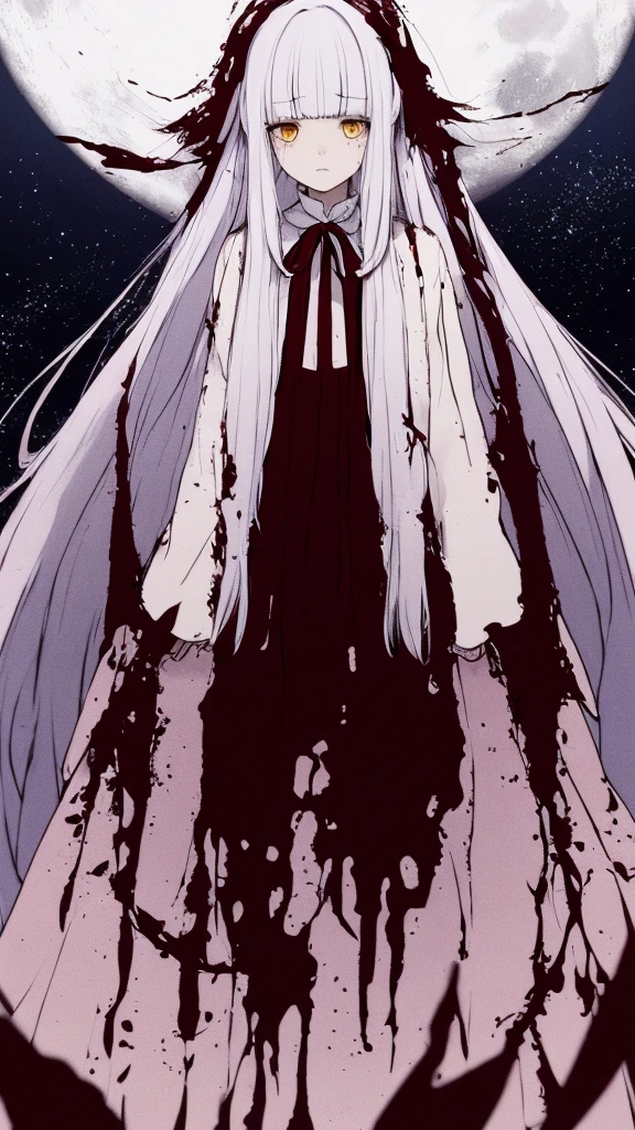 the anime, with , red ribbon around the neck, yellow eyes, pink dress, white sleeves, (indigo hair), sad face, girl in depression, full height, Full-length girl, best Quality, girl, blood on hands,Princess Kaguya,A huge shining full moon