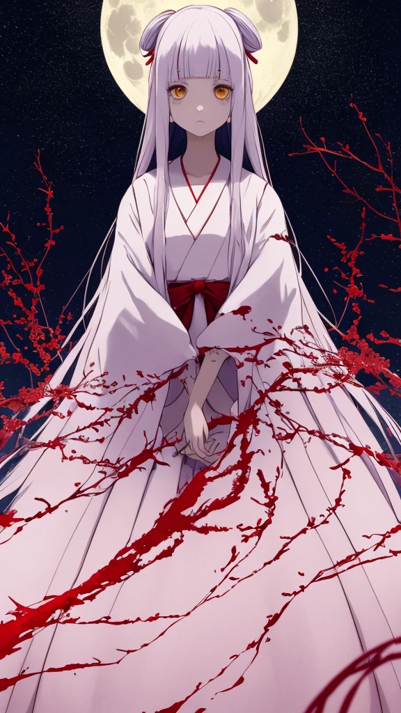 the anime, with , red ribbon around the neck, yellow eyes, pink dress, white sleeves, (indigo hair), sad face, girl in depression, full height, Full-length girl, best Quality, girl, blood on hands,Princess Kaguya,A huge shining full moon