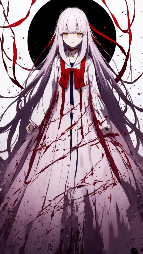 the anime, with , red ribbon around the neck, yellow eyes, pink dress, white sleeves, (indigo hair), sad face, girl in depression, full height, Full-length girl, best Quality, girl, blood on hands,Princess Kaguya,A huge shining full moon