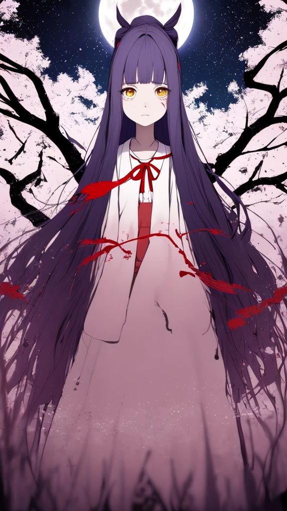 the anime, with , red ribbon around the neck, yellow eyes, pink dress, white sleeves, (indigo hair), sad face, girl in depression, full height, Full-length girl, best Quality, girl, blood on hands,Princess Kaguya,A huge shining full moon