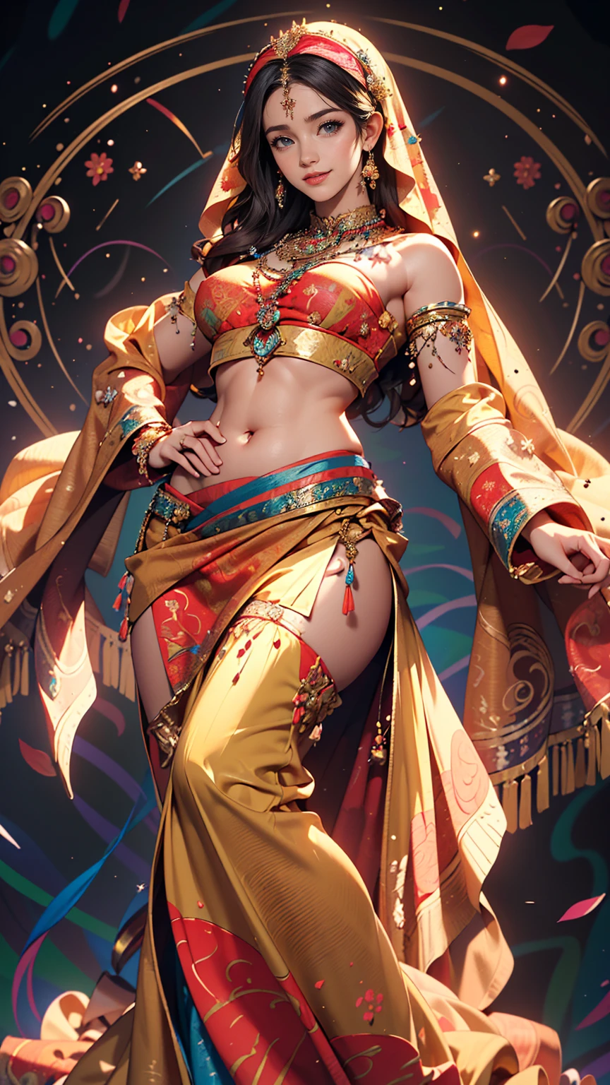 (masterpiece, highest quality, highest quality, Official Art, beautifully、aesthetic:1.2), (One girl:1.3), Very detailed,(Fractal Art:1.2),colorful,Most detailed,(Tangled:1.2), (Dynamic pose), (Abstract background:1.5), (Traditional Costume:1.2), (Shiny skin), (Many colors:1.4), (Belly Dance Costumes、sexy)、Belly button visible、Faint abdominal muscles visible、smile、Face Veil((mouth veil))