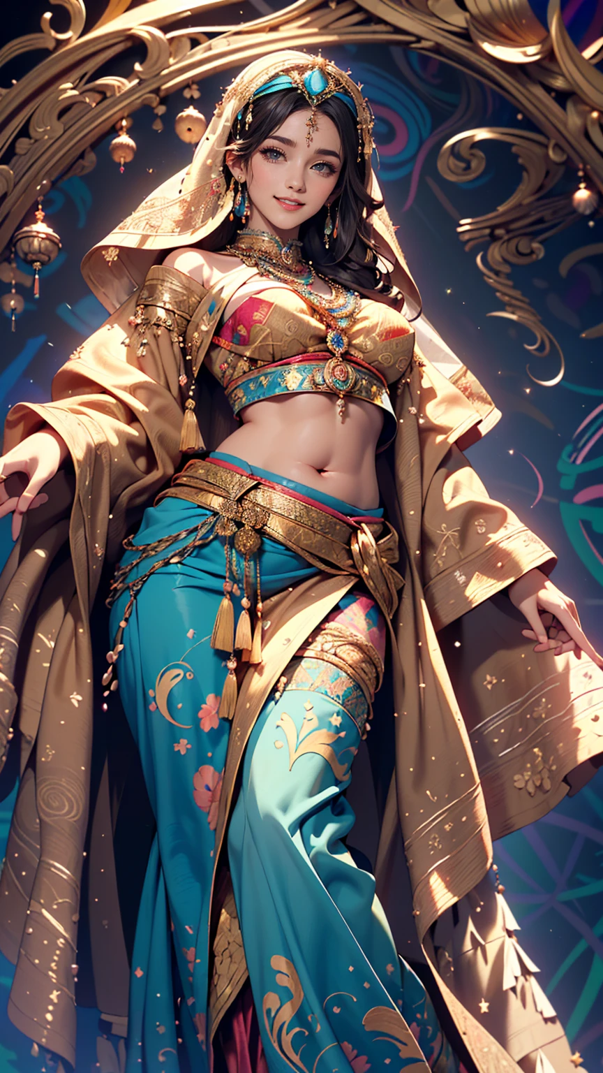 (masterpiece, highest quality, highest quality, Official Art, beautifully、aesthetic:1.2), (One girl:1.3), Very detailed,(Fractal Art:1.2),colorful,Most detailed,(Tangled:1.2), (Dynamic pose), (Abstract background:1.5), (Traditional Costume:1.2), (Shiny skin), (Many colors:1.4), (Belly Dance Costumes、sexy)、Belly button visible、Faint abdominal muscles visible、smile、Face Veil((mouth veil))