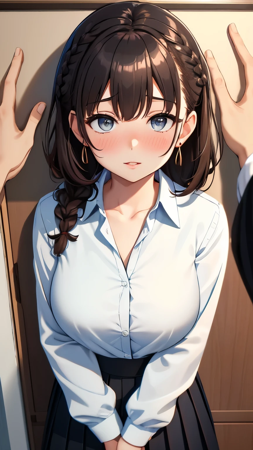 (best quality), 1girl and 1boy, (kabedon pov:1.3), ultra-detailed, illustration, masterpiece, aichan, beautiful detailed eyes, short brown hair, side braid, white shirt, black pleated skirt, blush, large breasts, school, glossy lips, lips parted, collarbone