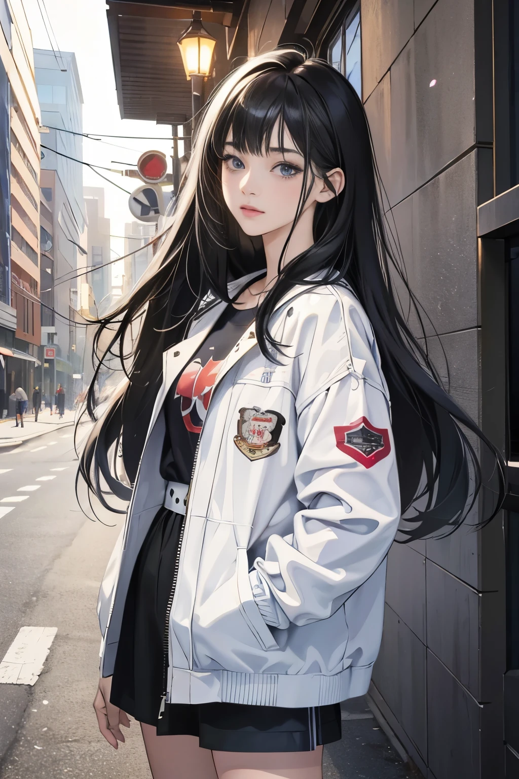 Very colorful, Pop feel, Summer image, Elderly woman with long black hair, Around 25 years old, Wearing a white jacket, Perfect tall model figure, Cool Beauty, It will happen, love at first sight, First Love, Anime drawing by Yang J, Art Station Trends, realism, extremely detailed The buds of art, Realistic anime 3D style, Anime Style 4 k, Up to the model | The buds of art, Anime Style. 8k, Casual clothing, Realistic anime art style, style The buds of art, Sharp contours, highest quality, The perfect angle, Perfect composition, Best Shot, Official Art，CD jacket, 80&#39;s City Pop, Very stylish