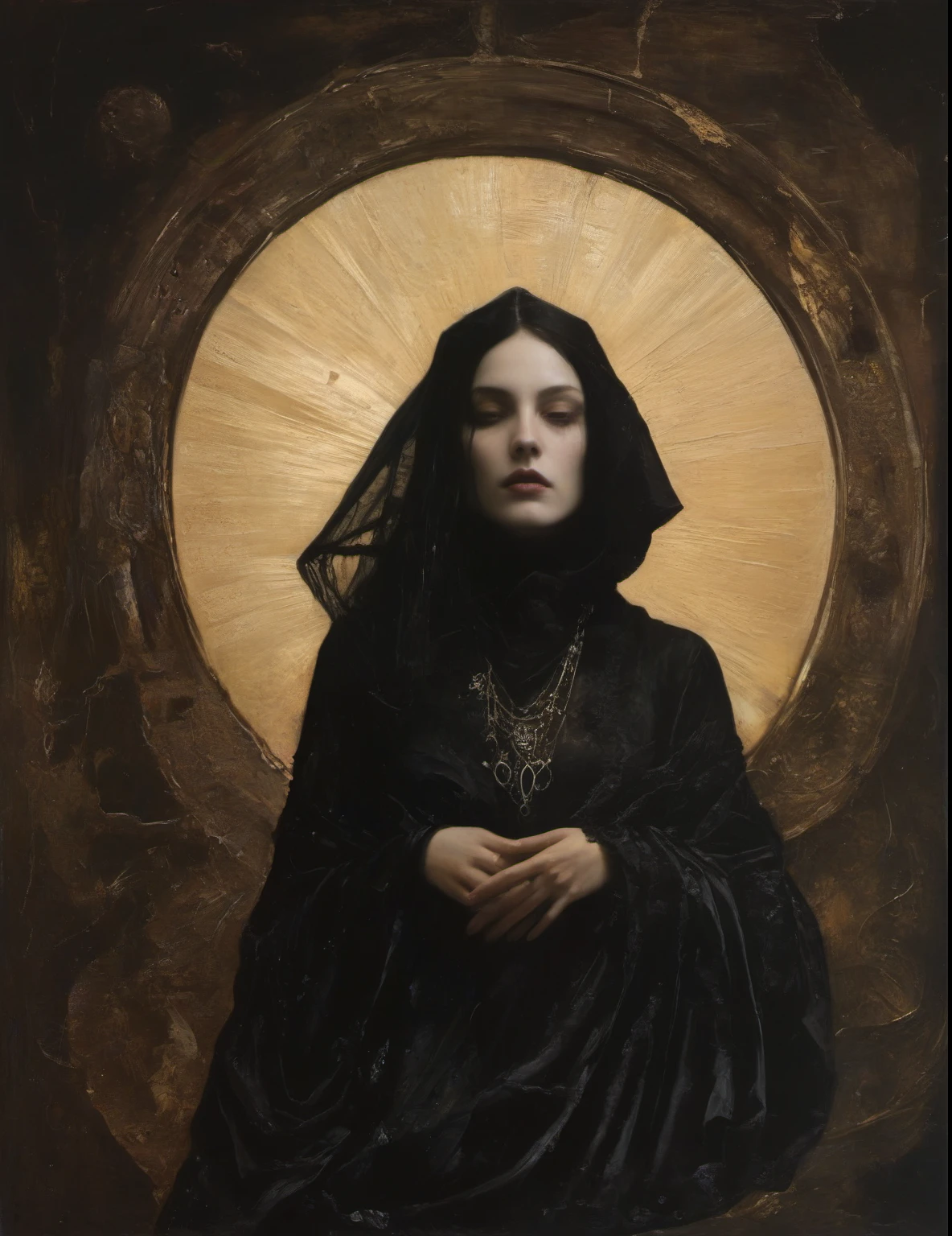 a painting of a holy succubus with horns, in prayer with upraised hands, gloves, gothic ((mantle)), hood, robe, vampire the masquerade bloodlines, incredible art, gloomy background, nimbus, church ragged vestments, darksketch, minimalism
