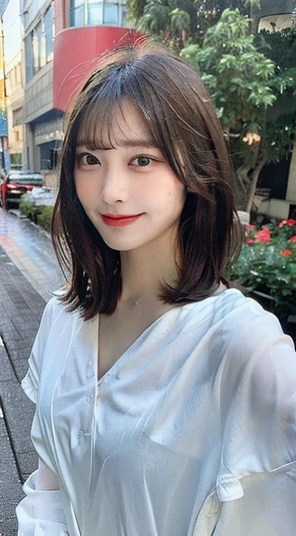 ((highest quality, 8k, masterpiece:1.3)), concentrated: 1.2, Perfect body beauty: 1.4, Hips: 1.2, ((Layered Haircut, chest: 1.2)), (Wet clothes: 1.1), (rain, street:1.3), Bandeau dress: 1.1, Highly detailed face and skin texture, Beautiful Eyes, double eyelid, Whitening skin, Long Hair, (shut up: 1.3), smile、Red camellia blooming background