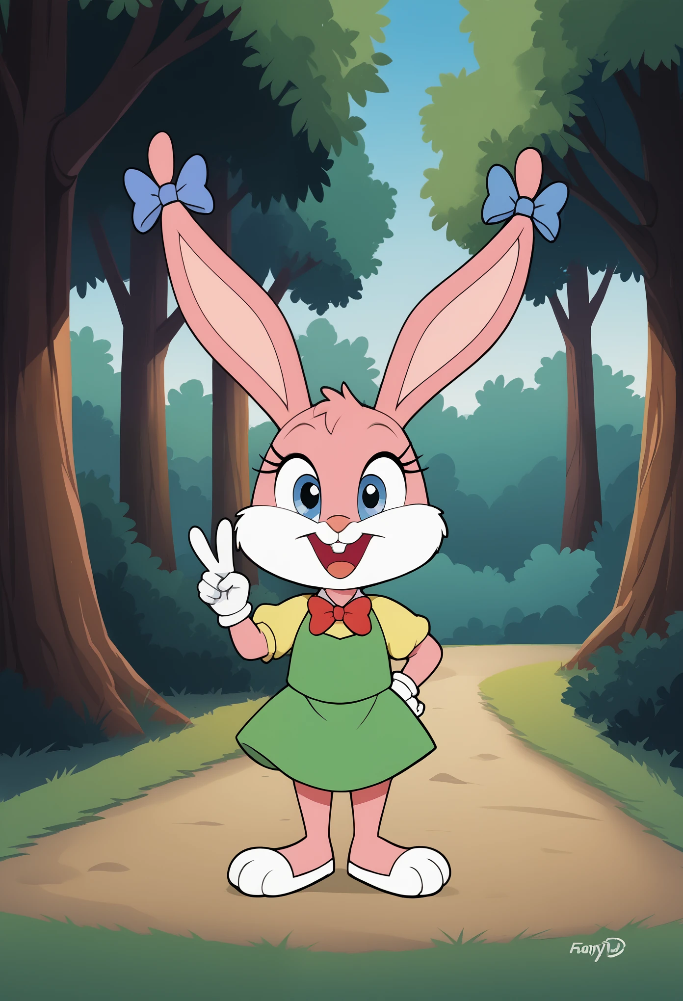 (source_furry, source_cartoon, score_9, score_8_up, score_7_up:1), solo female, 1girl, screencap, (chibi:0.5), bunny, bows, looking at viewer, V, smile, open mouth, winking, outdoors, forest