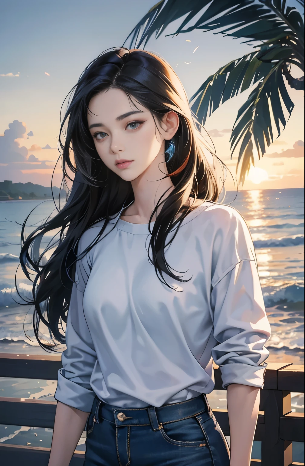 Very colorful, High sense, Pop feel, Orange and Indigo Keynote, Summer image, Palm tree, Beach, Anime woman with long black hair, Around 25 years old, Wearing a jacket, Sublime Dreams, Older Woman, longing, First Love, Melancholic expression, Eternal summer, Blue Jeans, Perfect tall model figure, Cool Beauty, Mysterious, Melancholic expression, It will happen, Anime drawing by Yang J, Art Station Trends, realism, extremely detailed The buds of art, Realistic anime 3D style, Anime Style 4 k, Up to the model | The buds of art, Anime Style. 8k, Casual clothing, Realistic anime art style, style The buds of art, Sharp contours, highest quality, The perfect angle, Perfect composition, Best Shot, Official Art,CD jacket, 80's City Pop, Very stylish, fashionable
