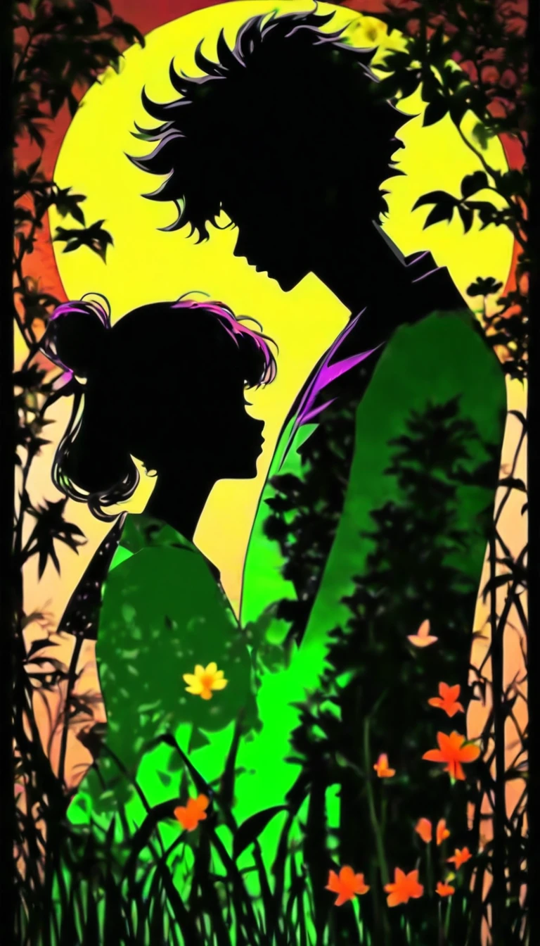 (silhouette art,Cutout:1.6)
(((Paper cutting art,A world where only black exists:1.3)

Men and women looking away
,Full Moon Behind

break
(sunrise、purplish color,Grass:6.1)
green solid glass background