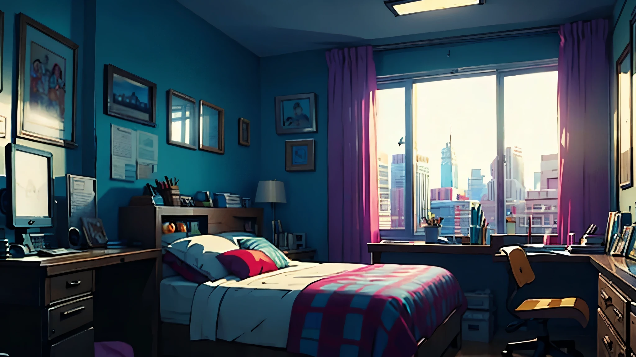 3d animation cinematic still of a cozy room, big windows with city view at night, melancholic, sad vibes, bed is unmade, computer desk, cluttered with the mismatched furniture, The otaku style posters on the walls and the guitar in the corner,in style of Pixar, Disney, vaporwave