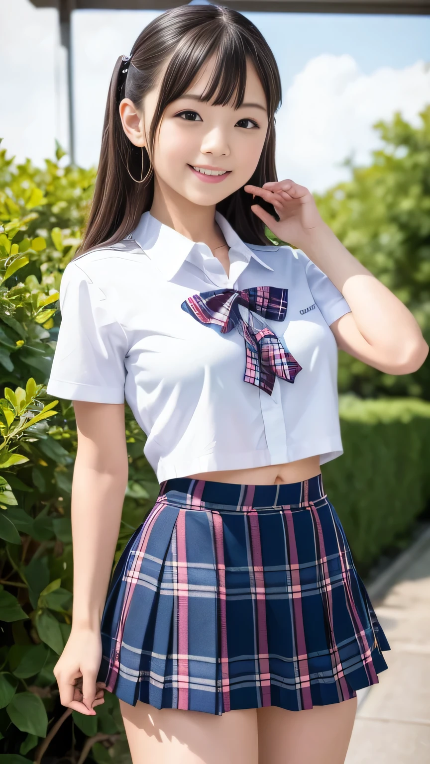 Browsing Caution、8k,highest quality, masterpiece, Very detailed, Ultra-high resolution, Realistic, RAW Photos, , Absolute Resolution, Complete limbs、Complete Anatomy、Perfect beautiful skin、pretty girl1人,Cute girl 、Lolita Girl、(smile:1.1)、、(School Uniform:1.1)、(Short sleeve white collar shirt:1.1) 、、(Tartan check micro mini skirt:1.1)、、Plump thighs、、belly button、、()、、、pretty girl、 Japanese Girls、
