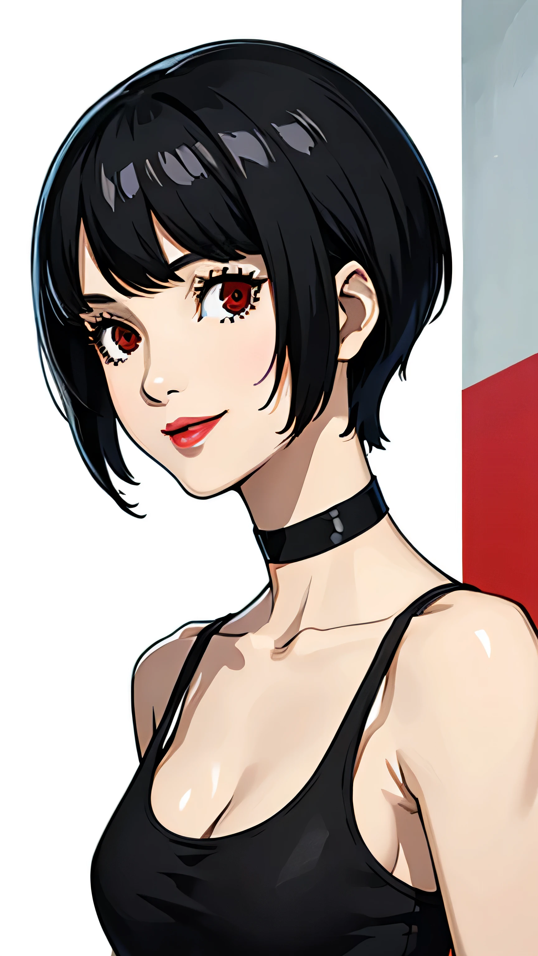 1 girl, red eyes, very Short hair, black choker, lipstick, half body, smile, black hair, small breast