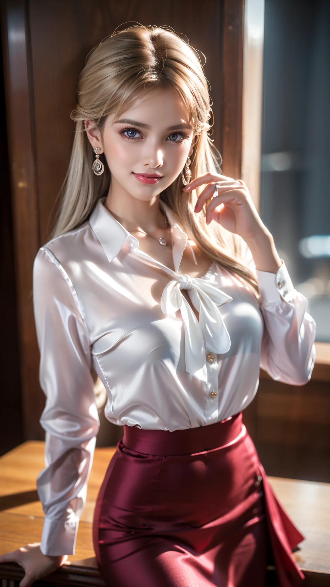 (best quality,ultra-detailed,photo-realistic:1.37),extremely beautiful eyes, Bright and Vibrant colors,studio lighting, playful expression, Extremely detailed eyes, stylish makeup,Beautiful Fashion Model Posing, bow blouse silk shirt, long loose shirt, micro mini pensil skirt, Slim Figure, Medium Round BREAST, high fashioned, silver hair flowing in the wind,alluring eyes,glossy lips,sexy pose, smiling in a confident and seductive way, posing for a professional photoshoot, shallow depth of field, highlighting the main subject, soft natural lighting, creating a dreamy and magical atmosphere.