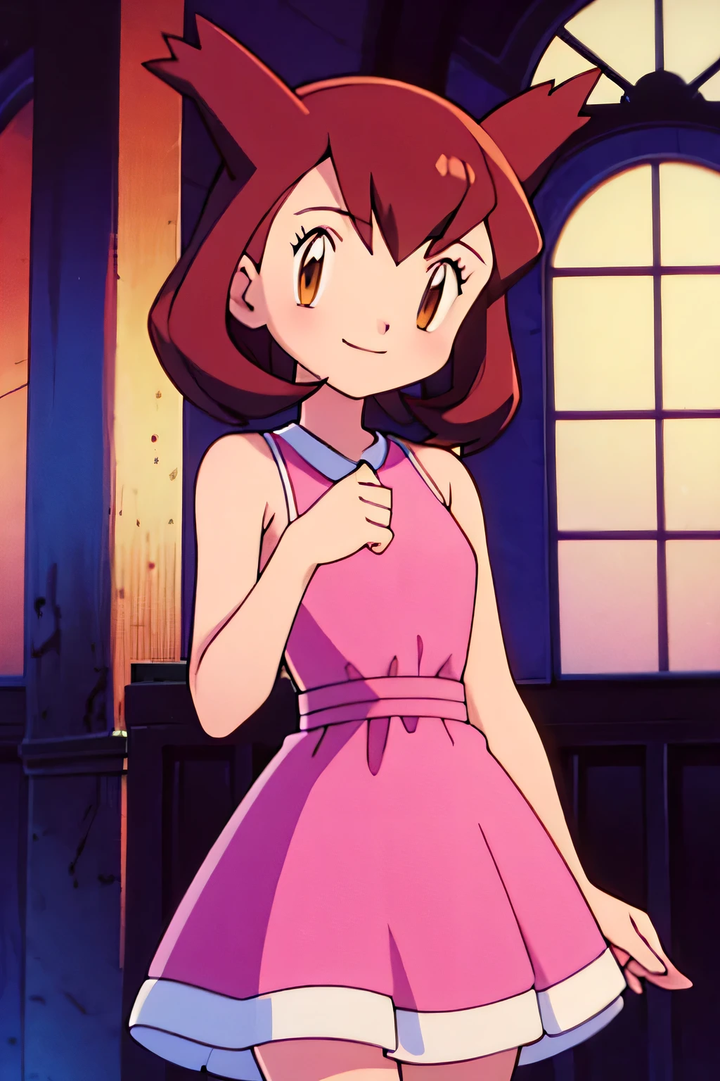 1 girl, solo, Pokemon Heroes (Bianca), Brown Hair, brown eyes, bare shoulders, Pink Camisole dress, smile, ballroom, columns, cowboy shot, facing viewer, absurdres, ultra detailed, masterpiece, best quality, Teenager, pokemovies, window of a purple sundown