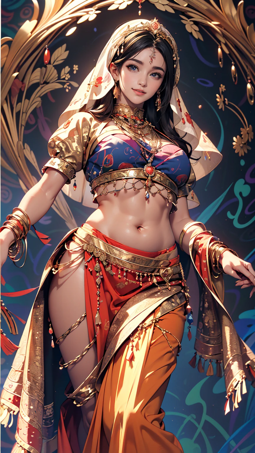 (masterpiece, highest quality, highest quality, Official Art, beautifully、aesthetic:1.2), (One girl:1.3), Very detailed,(Fractal Art:1.2),colorful,Most detailed,(Tangled:1.2), (Dynamic pose), (Abstract background:1.5), (Traditional Costume:1.2), (Shiny skin), (Many colors:1.4), （Belly Dance Costumes、sexy)、Belly button visible、Faint abdominal muscles visible、smile、Face Veil((mouth veil))