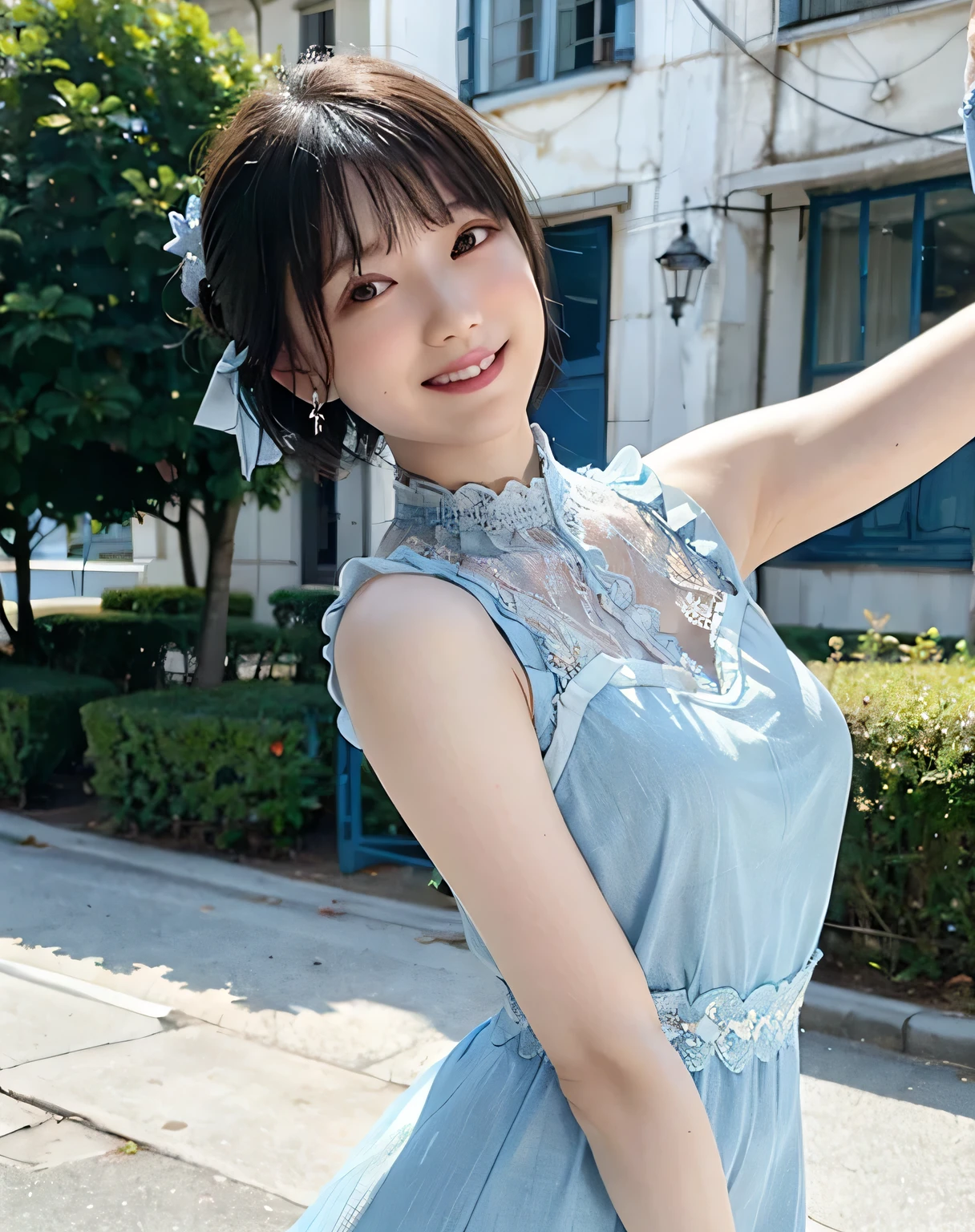 a woman posing on the street corner with light Blue clothes on, highest quality, 1people girl, Large Breasts, Day, bright, Blur the background, Bokeh, Outdoor, (street:0.8), (people々, crowd:1), (lace trim dress:1.5, Sleeveless dress, Light blue clothes, Light blue high neck dress:1.2, Blue clothes: 1.5), nice, (short hair, amount:1.2), Beautifully detailed skies, Earrings, (Dynamic pose:1.2), (Upper Body:0.8), Soft lighting, Wind, Shiny skin, smile,