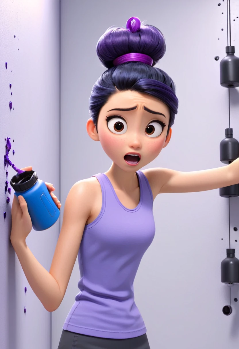 Une Japonaise de , cheveux bleu en chignon, collier violet, Grey tank top, terrified, stuck to the wall with super strong black glue in a faulty laboratory, style 3d Pixar, (best quality, 4k, 8k, High resolution, chef-d'artwork:1.2), Ultra-detailed, (Realistic, photoRealistic, photo-Realistic:1.37), portraits, Des couleurs vives, studio lighting