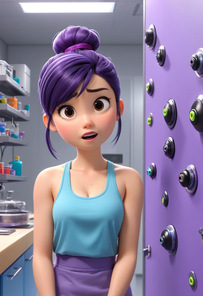 Une Japonaise de , cheveux bleu en chignon, collier violet, Grey tank top, terrified, stuck to the wall with super strong black glue in a faulty laboratory, style 3d Pixar, (best quality, 4k, 8k, High resolution, chef-d'artwork:1.2), Ultra-detailed, (Realistic, photoRealistic, photo-Realistic:1.37), portraits, Des couleurs vives, studio lighting