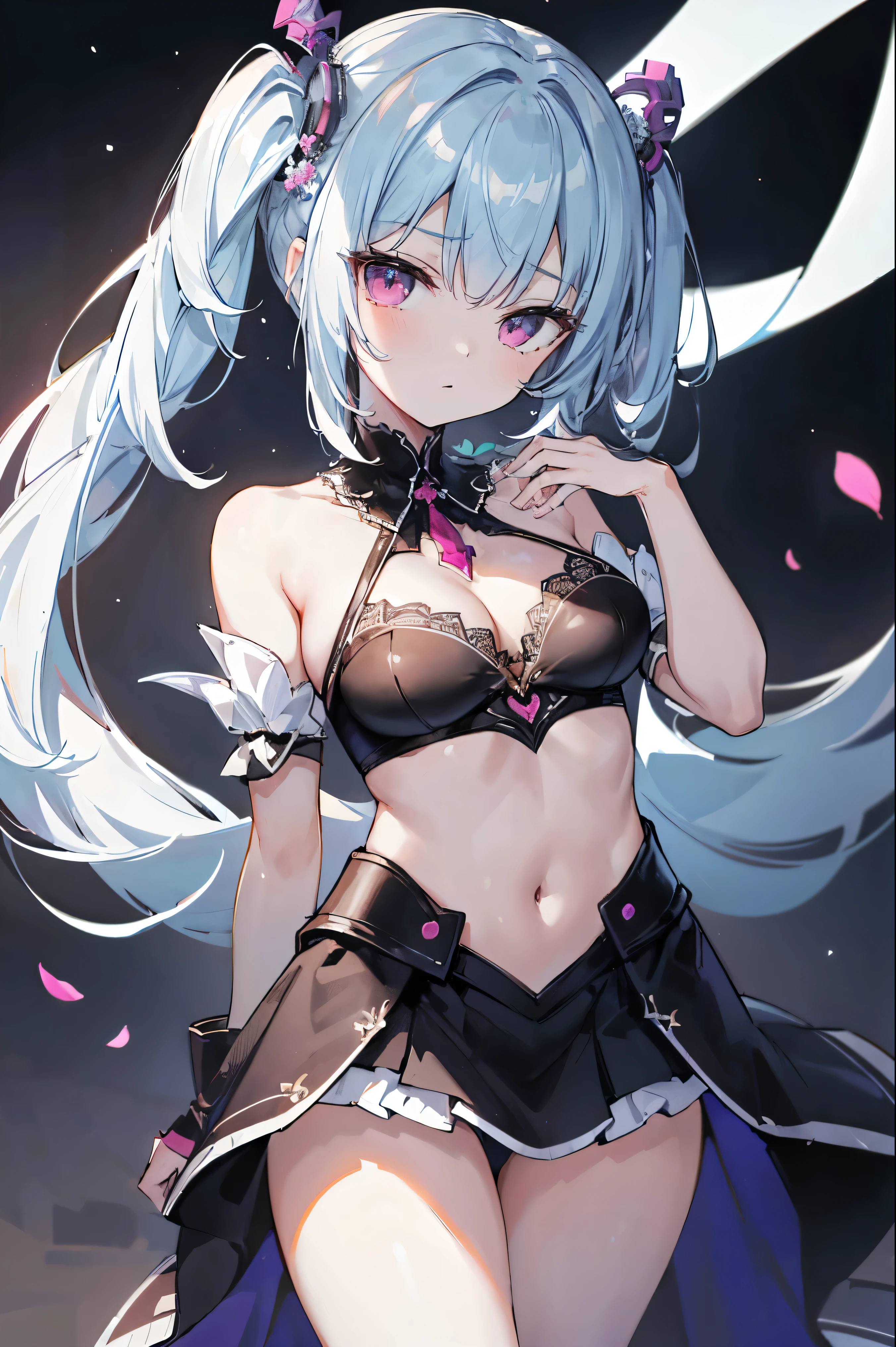 1girl, anime, cute girl, blank background, white background, fantasy, detailed fantasy dress with highlights, beautiful face, beautiful eyes, dark colors, black hair with multicolor streaks, red eye with different color pupil in eye, multicolor eye, medium breasts, slight cleavage, beautiful skin, cute, breast curtains, extremely delicate and beautiful, (beautiful detailed face:1.0), (detailed deep eyes), symmetrical breasts, deep eyes, shiny skin, portrait, slender waist, hips wider than shoulders, thighs, expressionless, young girl, luminous eyes, adorable，（Kpop idol）,（aegyo sal：1），（Platinum blonde hair：1），（（puffy eye）），Black panty，sexy posture，Superskirt, Ultra-high resolution，Black collar，slim figure, Abdominal y tattoo, womb tattoo，Tight-fitting leg ring，y tattoo on half-body，Bare skin, Armored hand，Hidden fingertips，Hand covered，Arm covered，Fist covered,{{beautiful detailed fingers}}, tufts of hair, moderate beautiful breast:1.0,(masterpiece:1.2), best quality, high-res, HDR, perfect face, intricate armor, delicate blue filigree, intricate filigree, red metalic parts, detailed part, dynamic pose, dynamic lights, cute face, neutral expression, shuimobysim, lotus, hanfu, maxi skirt, dress conservatively 1girl, solo, long blue hair, standing, 