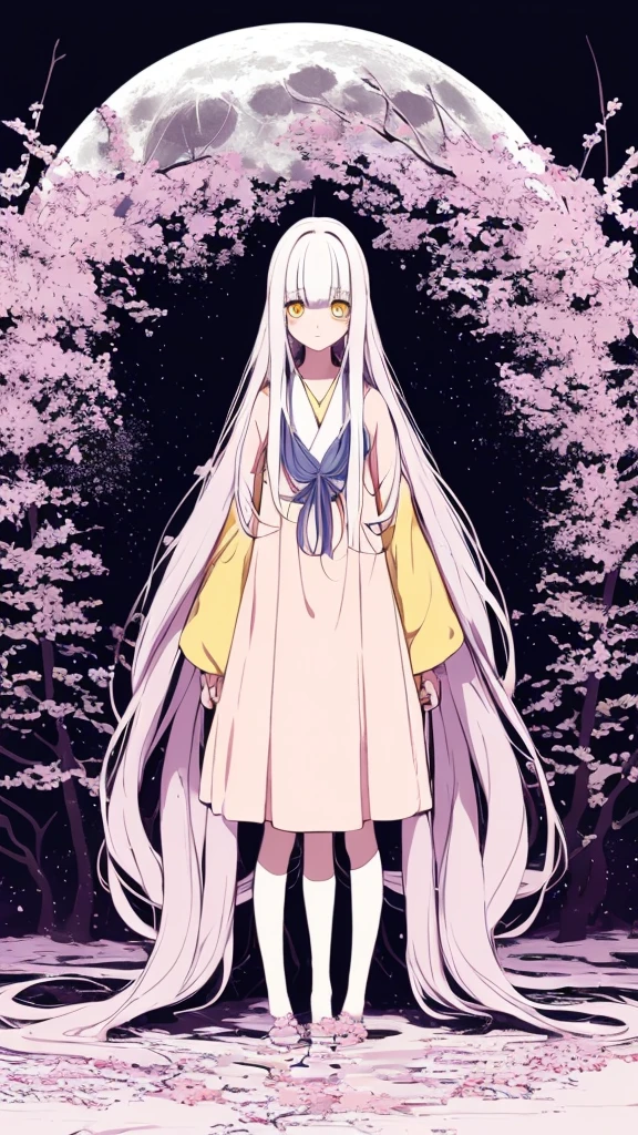 the anime, with , yellow eyes, pink dress, white sleeves, (indigo hair), sad face, girl in depression, full height, Full-length girl, best Quality, girl, Princess Kaguya,A huge shining full moon