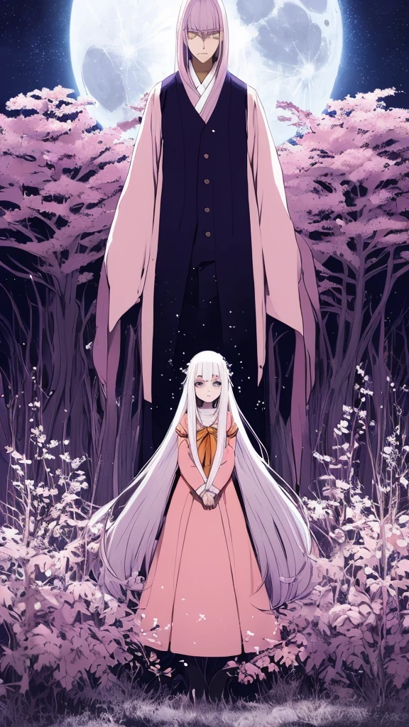 the anime, with , yellow eyes, pink dress, white sleeves, (indigo hair), sad face, girl in depression, full height, Full-length girl, best Quality, girl, Princess Kaguya,A huge shining full moon