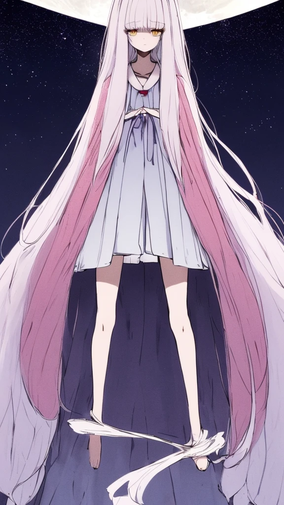 the anime, with , yellow eyes, pink dress, white sleeves, (indigo hair), sad face, girl in depression, full height, Full-length girl, best Quality, girl, Princess Kaguya,A huge shining full moon