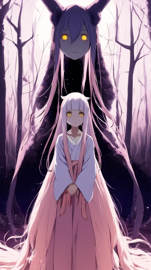 the anime, with , yellow eyes, pink dress, white sleeves, (indigo hair), sad face, girl in depression, full height, Full-length girl, best Quality, girl, Princess Kaguya,A huge shining full moon