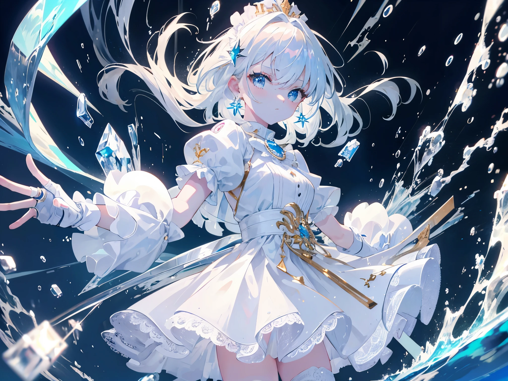 Hmph, retina, Tabletop, Accurate, Anatomically correct, Very detailed, Advanced Details, high quality, Awards, 最high quality, High resolution, 1080p, hard disk, 4K, 8k, 16k, Long white hair, Bright blue eyes shining brightly, Ahoge, hand out, floating spike of ice in hand, Ice cap, Fluffy white dress, mini skirt frilly and short, sleeve lest, white elbow high gloves