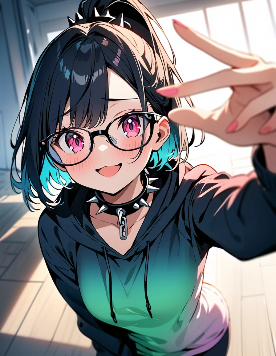 1girl, (((Friend-A, A-tyann, achan, hololive))), black t-shirt, dark blue hair, short ponytail, blue big ribbon, black-framed eyewear,(green eyes:0.8), (flat chest:1.2), saliva, looking at viewer, straddling, cowgirl position,motion lines, happy,solo focus, sweat, bangs, collarbone, motion lines, masterpiece, best quality,selfie,