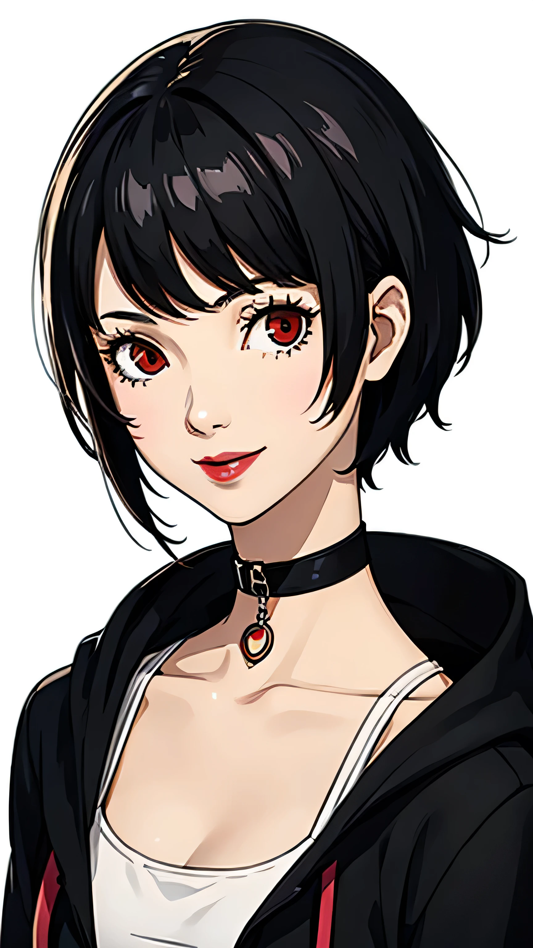 1 girl, red eyes, very Short hair, black choker, lipstick, portrait, smile, black hair, small breast, hoodie