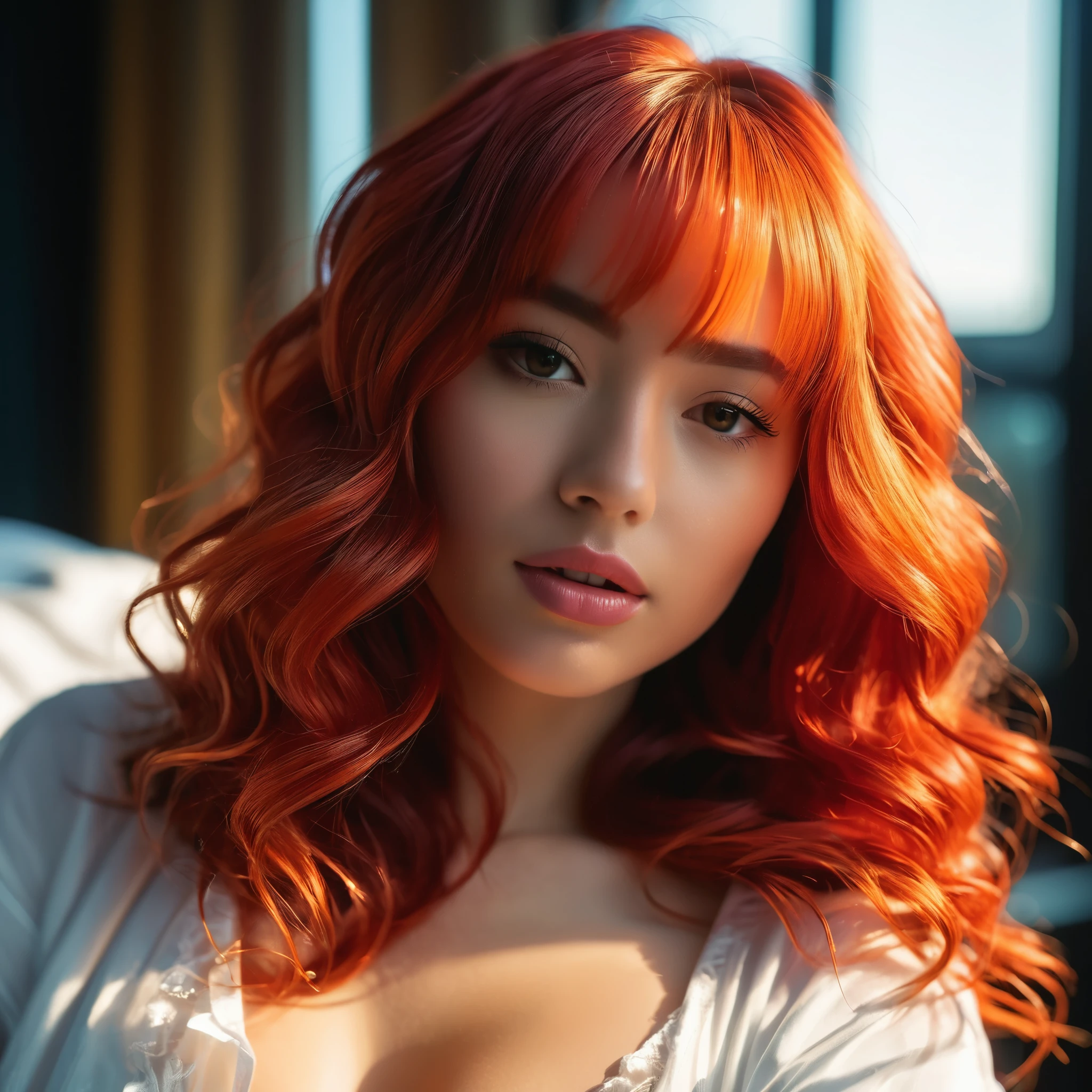 A woman with {bright virant anime red hair} and {blonde money pieces in the front}, balayage, ({{blonde strands of hair on both sides extending down to the ends}}), highlights, {vibrant distinguishable hair}, {hair dye}, high detail image, sharp image, intricate detail, high quality, realistic, by Weta Digital, by Wéta FX, by WLOP, Cinematic, Color Grading, Editorial Photography, Photography, Photoshoot, Ultra-Wide Angle, Depth of Field, DOF, Tilt Blur, Shutter Speed 1/1000, F/22, Gamma, White Balance, Neon, Light, Dark, Light Mode, Dark Mode, High Contrast, 5D, Multiverse, 32k, Super-Resolution, Megapixel, ProPhoto RGB, VR, Good, Massive, Big, Spotlight, Frontlight, Halfrear Lighting, Backlight, Rim Lights, Rim Lighting, Artificial Lighting, Natural Lighting, Incandescent, Optical Fiber, Moody Lighting, Cinematic Lighting, Studio Lighting, Soft Lighting, Hard Lighting, volumetric Light, Volumetric Lighting, Volumetric, Contre-Jour, Rembrandt Lighting, Split Lighting, Beautiful Lighting, Accent Lighting, Global Illumination, Lumen Global Illumination, Screen Space Global Illumination, Optics, Materiality, Ambient Occlusion, Scattering, Glowing, Shadows, Rough, Shimmering, Reflections, Lumen Reflections, Screen Space Reflections, Diffraction Grading, Chromatic Aberration, GB Displacement, Scan Lines, Ray Traced, Ray Tracing Ambient Occlusion, Anti-Aliasing, FKAA, TXAA, RTX, SSAO, Shaders, OpenGL-Shaders, GLSL-Shaders, Post Processing, Post-Production, Cel Shading, Tone Mapping, VFX, SFX, insanely detailed and intricate, hypermaximalist, elegant, hyper realistic, super detailed, photography, 8k, RAW photo, (high detailed skin:1.2), 8k uhd, dslr, soft lighting, high quality, film grain, Fujifilm XT3, photorealistic image, large , round firm ass, thin hourglass figure, see-thru negligee, laying on bed, (full body:1.7)