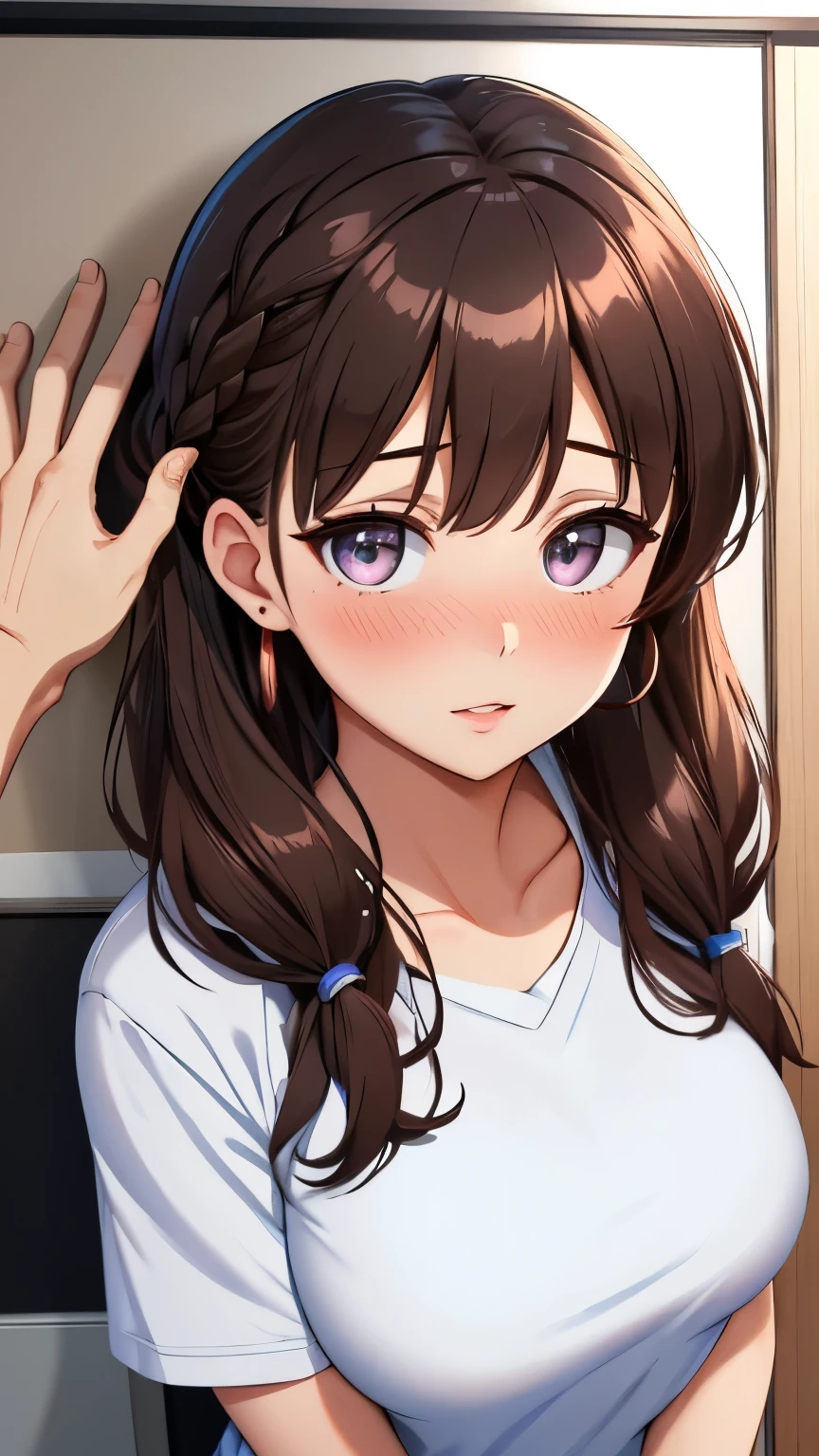 (best quality), 1girl and 1boy, (kabedon pov:1.3), ultra-detailed, illustration, masterpiece, aichan, beautiful detailed eyes, short brown hair, side braid, blush, large breasts, school, glossy lips, lips parted, collarbone, cheerleader, midriff