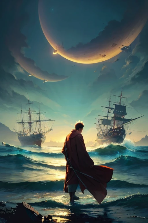 ((Top Quality)), ((Masterpiece)), (Illustration) A Ship in a Broken Ship, Old Japan, A Monk Standing in the Ocean,