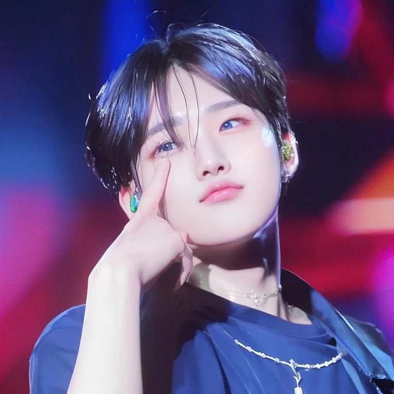 arafed image of a person with a blue shirt and a necklace, cai xukun, jungkook, black haired yoongi, jinyoung shin, wan adorable korean face, jinyoung shin aesthetic, jimin\'s right eyelid swollen, hyung tae, piercing clear eyes, wry smirk, inspired by Bian Shoumin, innocent look, clear cute face, sunoo enhype, Korean face