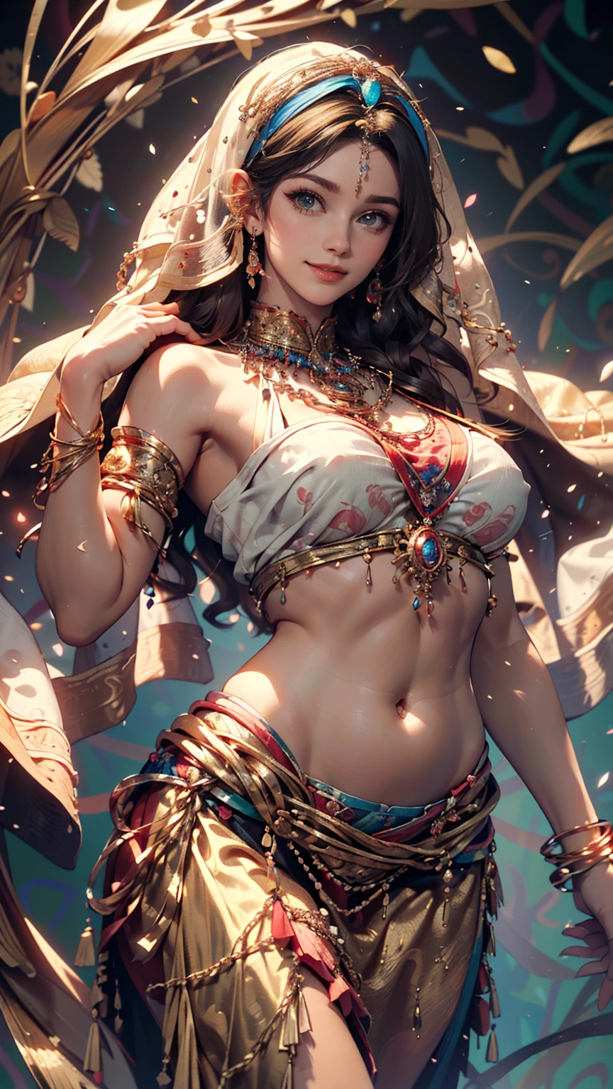 (masterpiece, highest quality, highest quality, Official Art, beautifully、aesthetic:1.2), (One girl:1.3), Very detailed,(Fractal Art:1.2),colorful,Most detailed,(Tangled:1.2), (Dynamic pose), (Abstract background:1.5), (Traditional Costume:1.2), (Shiny skin), (Many colors:1.4), （Belly Dance Costumes、sexy)、Belly button visible、Faint abdominal muscles visible、smile、Face Veil((mouth veil))