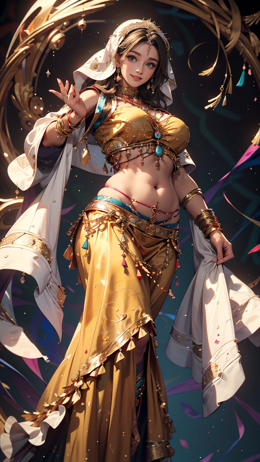 (masterpiece, highest quality, highest quality, Official Art, beautifully、aesthetic:1.2), (One girl:1.3), Very detailed,(Fractal Art:1.2),colorful,Most detailed,(Tangled:1.2), (Dynamic pose), (Abstract background:1.5), (Traditional Costume:1.2), (Shiny skin), (Many colors:1.4), (Belly Dance Costumes、sexy)、Belly button visible、Faint abdominal muscles visible、smile、Face Veil((mouth veil))