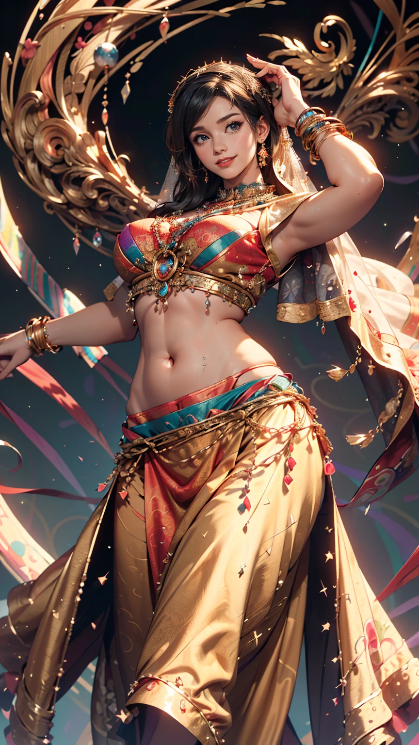 (masterpiece, highest quality, highest quality, Official Art, beautifully、aesthetic:1.2), (One girl:1.3), Very detailed,(Fractal Art:1.2),colorful,Most detailed,(Tangled:1.2), (Dynamic pose), (Abstract background:1.5), (Traditional Costume:1.2), (Shiny skin), (Many colors:1.4), (Belly Dance Costumes、sexy)、Belly button visible、Faint abdominal muscles visible、smile、Face Veil((mouth veil))